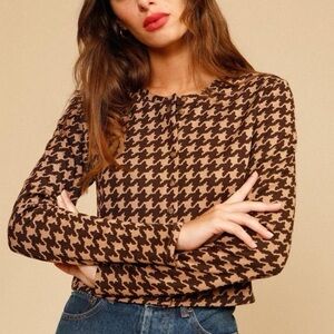 NEW Rouje Paris Cropped Houndstooth Print Crewneck Sweater, Size 0